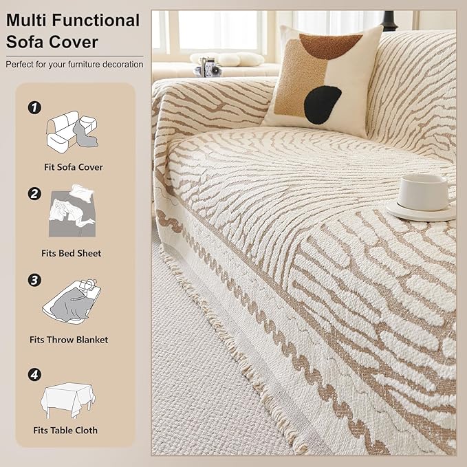 ROOMLIFE Thicked Striped Couch Cover with Tassel Khaki Chenille Sofa Cover Blanket for Sectional Sofa, Soft Sofa Slipcovers for L Shaped Love Seat 2-3 Cushion Couch Anti Slip Sofa Protector, 71"x118"