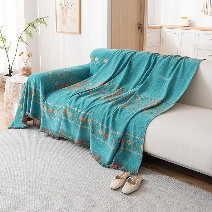 DREAMINGO Teal Boho Couch Cover Jacquard Chenille Sofa Covers Washable 3 Seater Sofa Protector for Pets Kids Modern Bohemain Sectional Couch Slipcovers for Living Room, 71"x150"