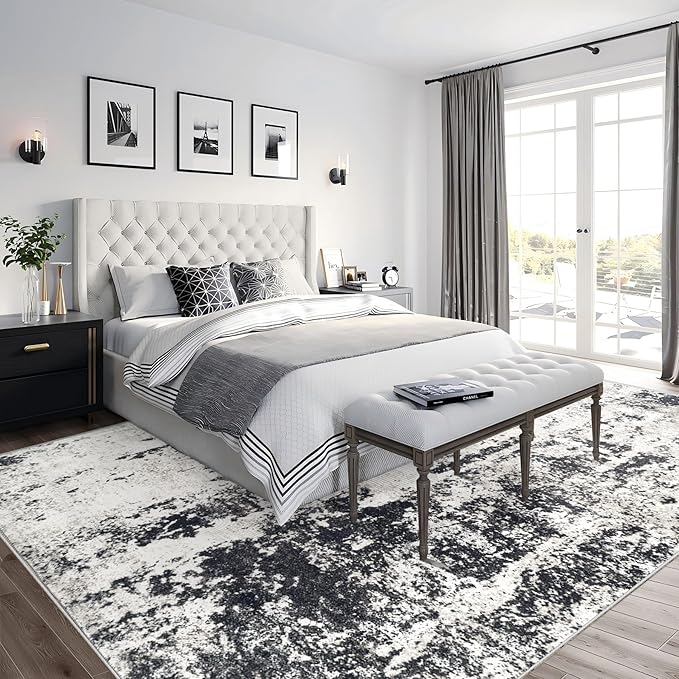 Modern Abstract Area Rug, 9'x12', Machine Washable, Non-Slip, Stain Resistant, Neutral, Soft, Perfect for Living Room, Dining Room, Bedroom, Office (Black)