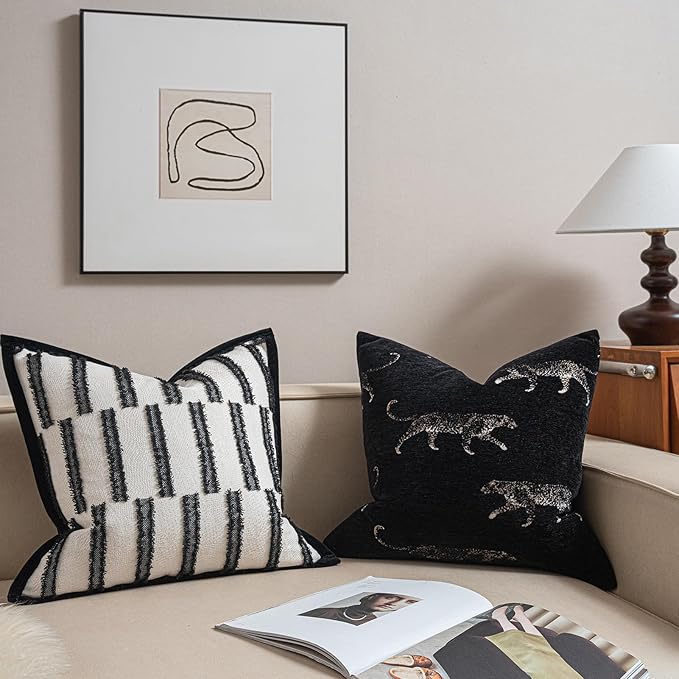 New 22x22'' inches Throw Pillow Cushion Covers - Black Color with Chenille Jacquard Embroidery Golden Leopard Luxury Modern Style Couch Sofa Bed Pillow Cover for Living Room Bedroom