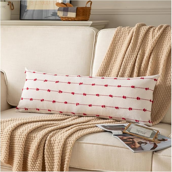 Caflife Boho Christmas Lumbar Pillow Covers 14x36 Long, Farmhouse Decorative Body Lumbar Pillow for Bed and Sofa, Living Room Home Christmas Decor Couch Red Lumbar Pillowcase, Pack of 1