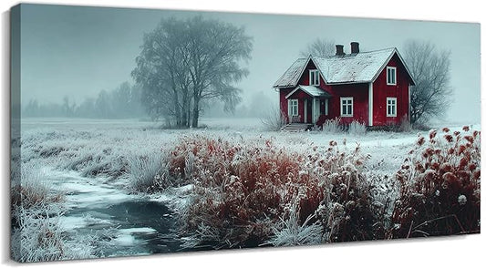 GUTTATY Winter Christmas Canvas Wall Art, Frosty Landscape Canvas Prints, Red Cottage and Nature Wall Hanging Artwork, Rustic Snowy Scene Picture Decor for Living Room, Bedroom, 24x12 Inch