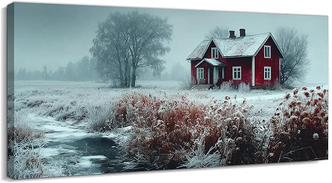 GUTTATY Winter Christmas Canvas Wall Art, Frosty Landscape Canvas Prints, Red Cottage and Nature Wall Hanging Artwork, Rustic Snowy Scene Picture Decor for Living Room, Bedroom, 60x30 Inch