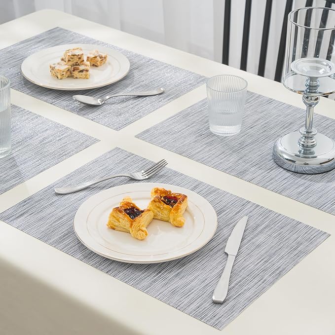BACKTOEDEN Placemats Set of 8 Heat Resistant Washable Wipeable Placemats Woven Non-Slip Foldable Vinyl/Plastic Placemat Indoor/Outdoor Place Mats Kitchen Dining, Gray Silver Line