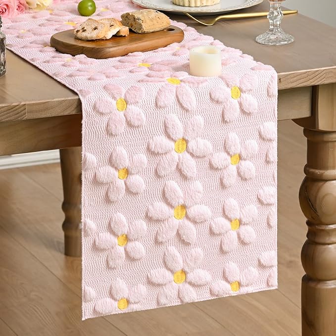 Artoid Mode Pink Soft Plush Faux Fur Jacquard Embroidery Daisy Spring Table Runner, Kitchen Dining Table Decoration for Home Party Decor 13x72 Inch