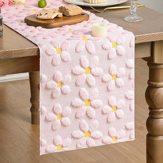 Artoid Mode Pink Soft Plush Faux Fur Jacquard Embroidery Daisy Spring Table Runner, Kitchen Dining Table Decoration for Home Party Decor 13x48 Inch