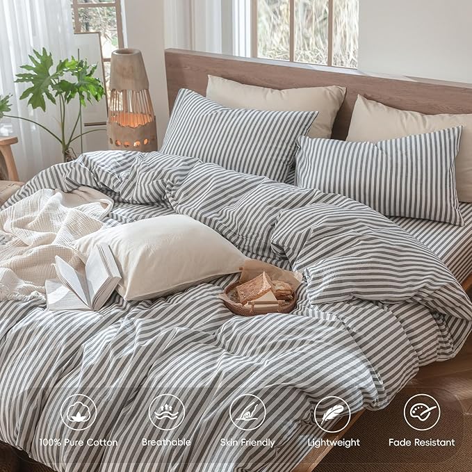 MooMee Striped Duvet Cover Set 100% Washed Cotton Linen Like Textured Breathable Durable Soft Comfy (Dark Grey White Classic Stripes, Oversized Queen 98"x98")