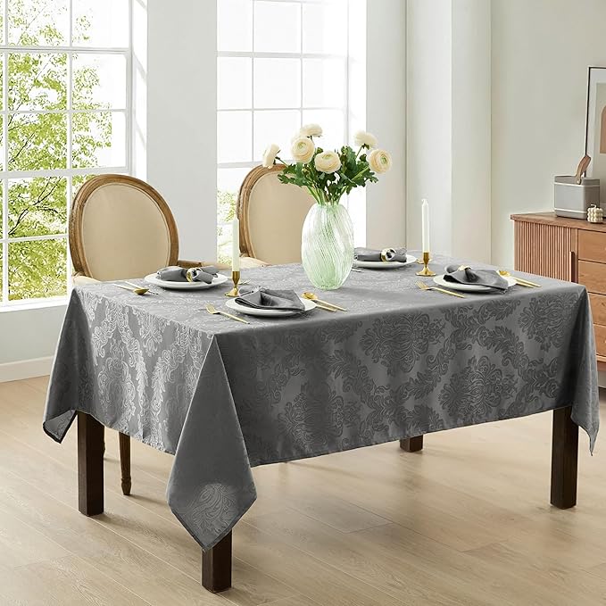 Newbridge Barcelona Damask Fabric Tablecloth, 60 x 144 Inch Rectangle, Grey – No Iron, Soil Resistant Table Cover for Dining, Parties and Holidays