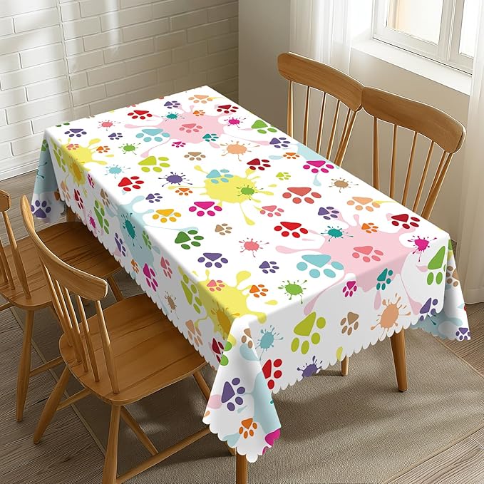 Colorful Paw Print Tablecloth Fun Animal Footprints Rectangle Tablecloth Hand Drawn Dog Paw Print Doodles Table Cover 54×72 Inch Washable Table Cloth for Kitchen Dining Room Party Decoration
