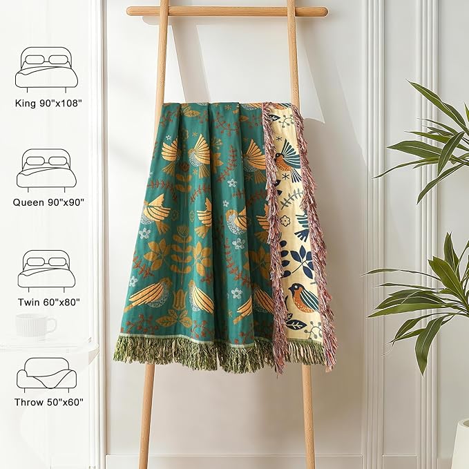 Boho Throw Blanket for Bed 100% Cotton Ultra Soft Rustic Quilt Fall Blanket Bird Floral Printed Farmhouse Decor Large Bed Blankets,60"×80" All Season Rustic Throw for Sofa Couch Chair