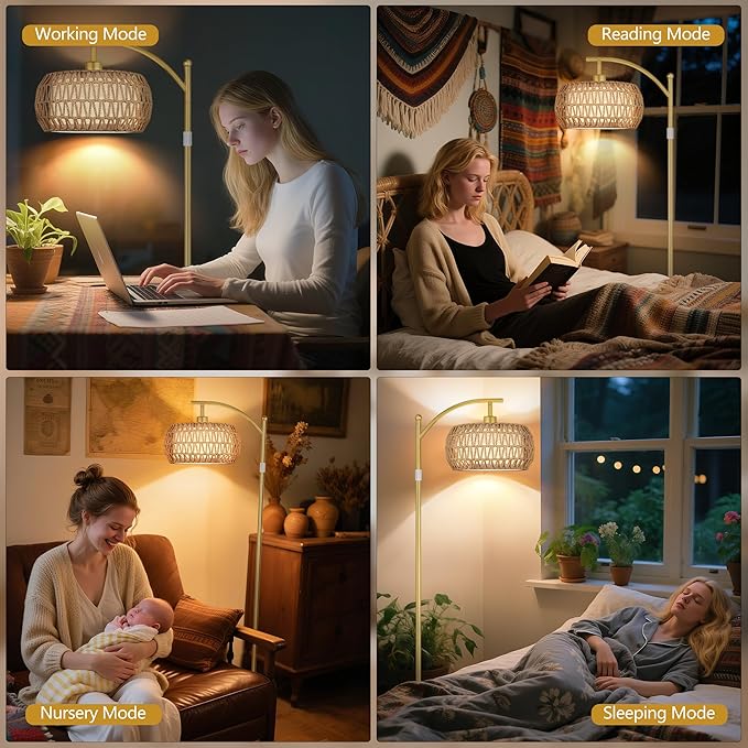 ROTTOGOON Rattan Floor Lamps for Living Room, Boho Standing Lamps with Rattan& Linen Double Shades, Arc Lamps Floor Standing with 9W Bulb, Foot Switch, Bohemian Floor Lamps for Bedroom, Office-Gold