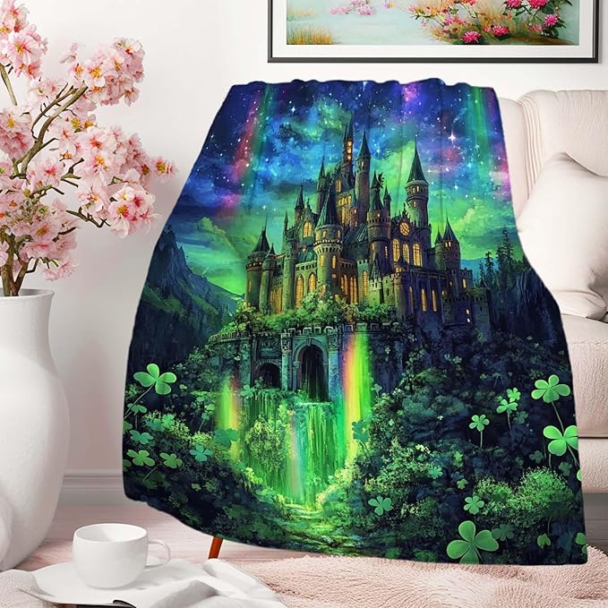 Forest Fantasy Castle Throw Blanket, Medieval and Enchanted Waterfall Stars Blanket for Couch Bedroom Home Decor, Soft and Lightweight Fleece, Machine Washable,50x60 Inches