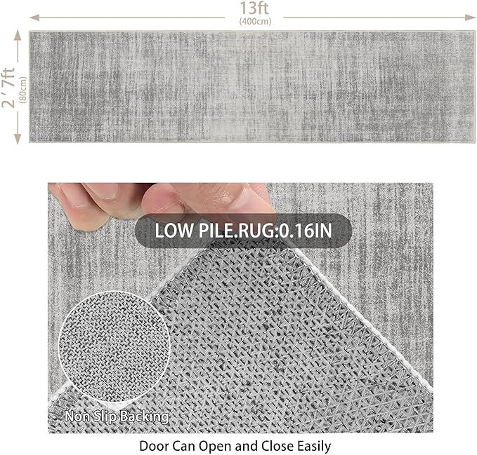 Enkor Runner Rugs for Hallway, 2'7"x13 Washable Soft Non Slip Rugs Abstract for Kitchen, Modern Mat for Entryway Living Room Bedroom Light Grey