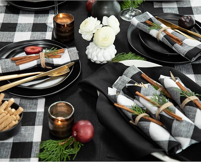 Solino Home Linen Checkered Tablecloth 60 x 144 Inch - 100% Pure Linen Black and White Buffalo Plaid Table Cloth for Rectangle Tables - Machine Washable Tablecloth for Fall, Winter, Thanksgiving