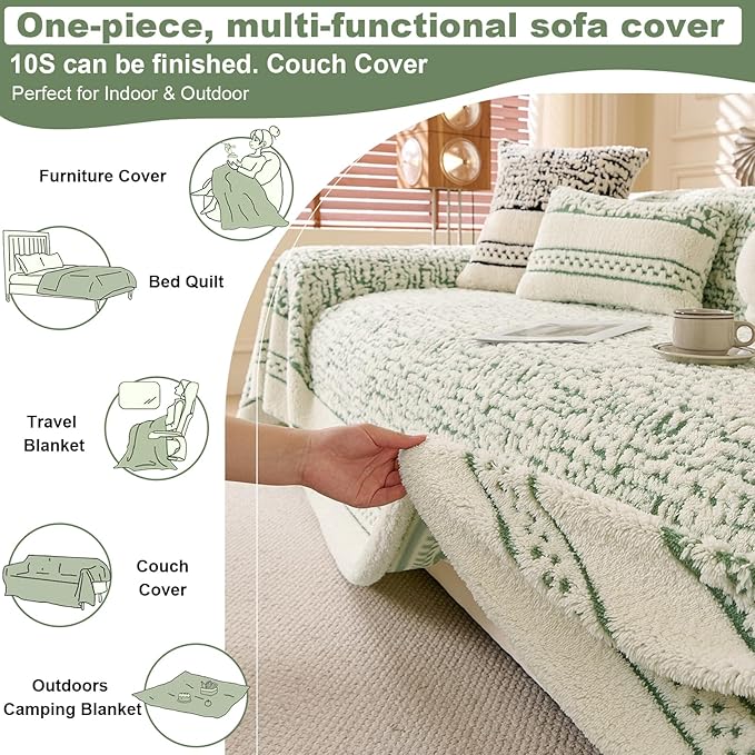 ROOMLIFE Thicked Striped Boho Green Couch Cover for 2-3 Cushion Sofa, Fuzzy Plush Warm Sofa Slipcovers Sectional Sofas Covers, Non Slip Washable Furniture Protector Soft with Tassel,Winter 71''X150”