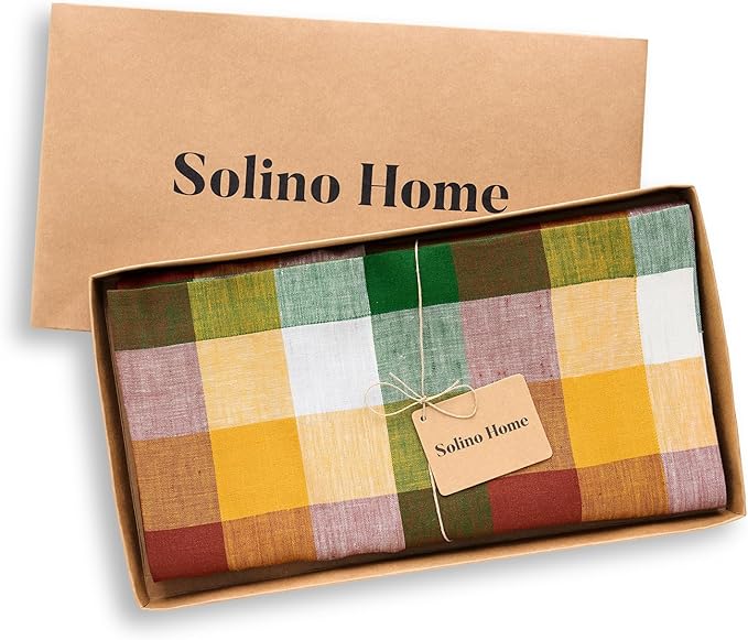Solino Home Linen Checkered Tablecloth 52 x 52 Inch - 100% Pure Linen Fall Multicolor Buffalo Plaid Square Tablecloth - Machine Washable Table Throw for Autumn, Thanksgiving