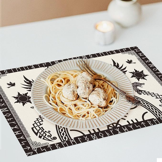 Viking Placemat Set of 6, 12x18 Inch Vintage Tree of Life Nordic Mythology Raven Helmet of Awe Dragon Animal Black Rustic Coffee Table Mats for Outdoor Farmhouse Kitchen Dining Table Decoration