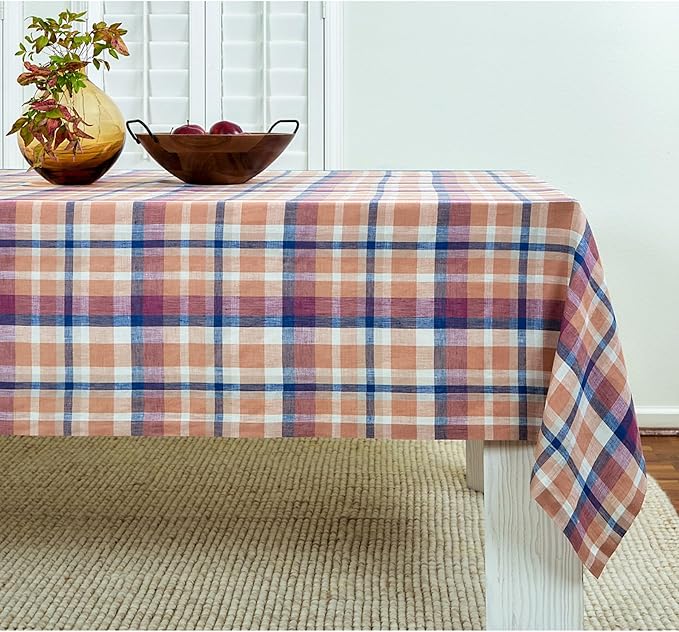 Solino Home Linen Plaid Tablecloth 60 x 90 Inch - 100% Pure Linen Fall Multicolor Table Cloth for Rectangle Tables - Thanksgiving, Autumn, Fall Flavors Madras, Machine Washable Tablecloth for Holiday