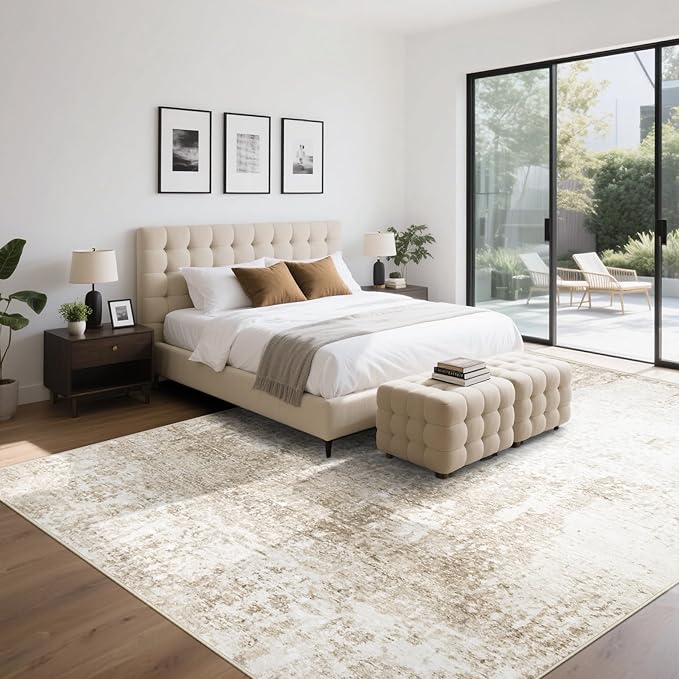 9x12 Area Rugs Washable Rug, Soft Modern Abstract Rugs for Living Room Large Low Pile Thin Rug Non Slip Indoor Neutral Carpet for Bedroom Dining Room Farmhouse Office Kids Playroom Beige