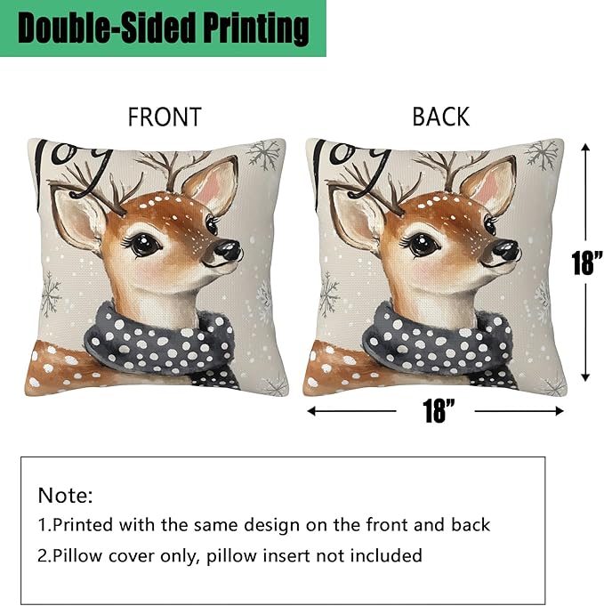 Christmas Pillow Covers 18X18, Christmas Deer Joy Decorative Throw Pillow Covers, Winter Snowflake Deer Pillow Cover Pillowcase Cushion Case for Home Sofa Couch Indoor Outdoor Set of 2