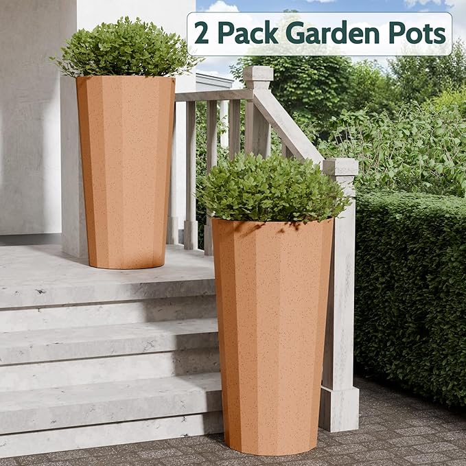 2PCS Tall Planters for Outdoor Plants, 23.6 Inches Large Outdoor Conical Flower Pots for Porch with Drainage Holes and Drainage Baffle, Tapered Large Planters for Garden, Balcony Clay Color