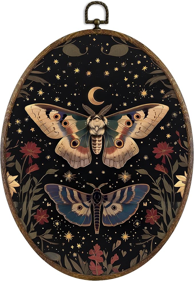 KFXHANGD Witchy Butterfly Moth Oval Wall Art Framed, Gothic Wall Art, Boho Vintage Butterfly Canvas Wall Art Decor, Gothic Lunar Moth Hanging Wall Decor for Bedroom Living Room, 8.7x11.3 Inch