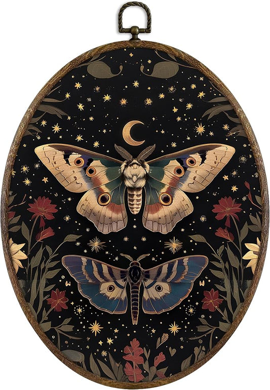 KFXHANGD Witchy Butterfly Moth Oval Wall Art Framed, Gothic Wall Art, Boho Vintage Butterfly Canvas Wall Art Decor, Gothic Lunar Moth Hanging Wall Decor for Bedroom Living Room, 8.7x11.3 Inch
