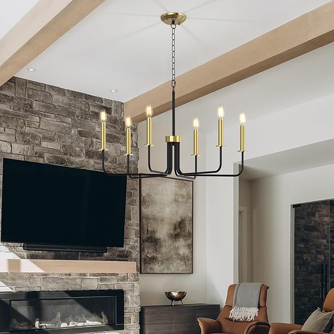 Farmhouse Chandelier, 6-Light Metal Hanging Ceiling Light Fixture for Dining Room, Kitchen Island, Living Room, Entryway, Foyer-Black and Gold