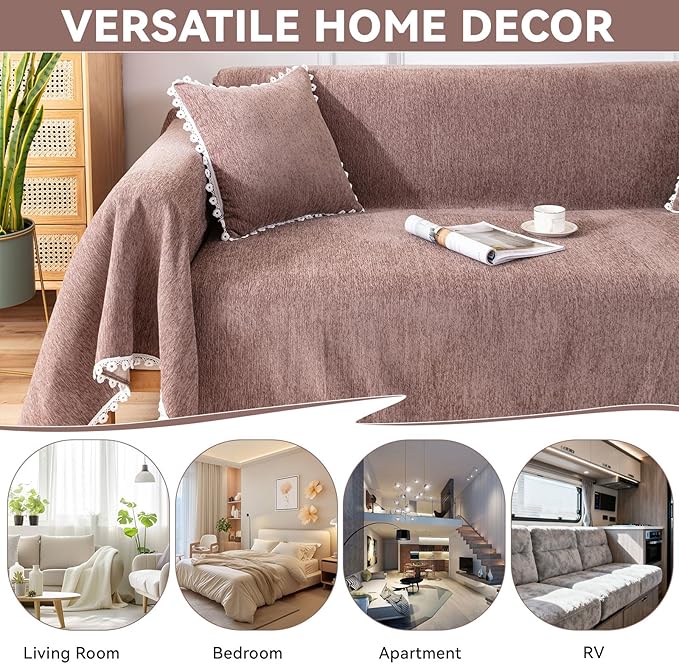 VClife Couch Cover Modern Brown Couch Covers for 3 Cushion Couch Sofa - Washable Chenille Sofa Cover with Lace for Living Room Office RV Bedroom (71"X150") Gift for Christmas Thanksgiving Birthday