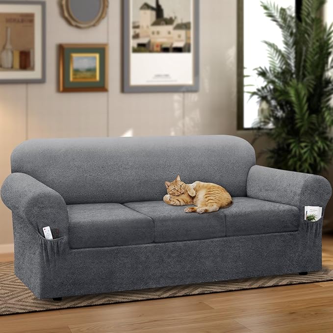 Sofa Slipcover with Armrest Pockets 4-Piece Set, Stretch Faux Leather Extra Large Couch Covers for 3-Cushion Couches(Fits 98-112") - Machine Washable, Pet & Kid Friendly - Light Gray