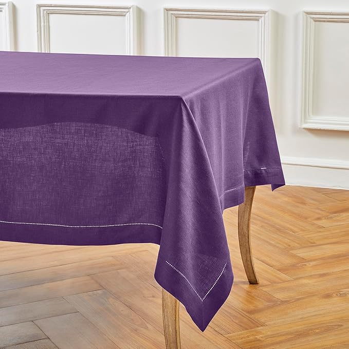Solino Home Linen Tablecloth for Rectangle Tables 60 x 144 Inch - Classic Hemstitch 100% Pure Linen Purple Table Cloth - Machine Washable Cloth Tablecloth for Fall, Autumn, Thanksgiving