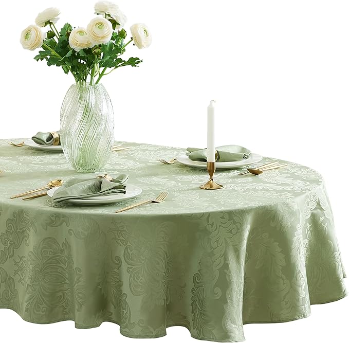 Newbridge Barcelona Damask Fabric Tablecloth, 60 x 84 Inch Oval, Sage Green – No Iron, Soil Resistant Table Cover for Dining, Parties and Holidays