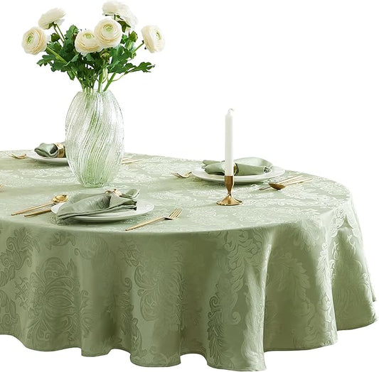 Newbridge Barcelona Damask Fabric Tablecloth, 60 x 84 Inch Oval, Sage Green – No Iron, Soil Resistant Table Cover for Dining, Parties and Holidays