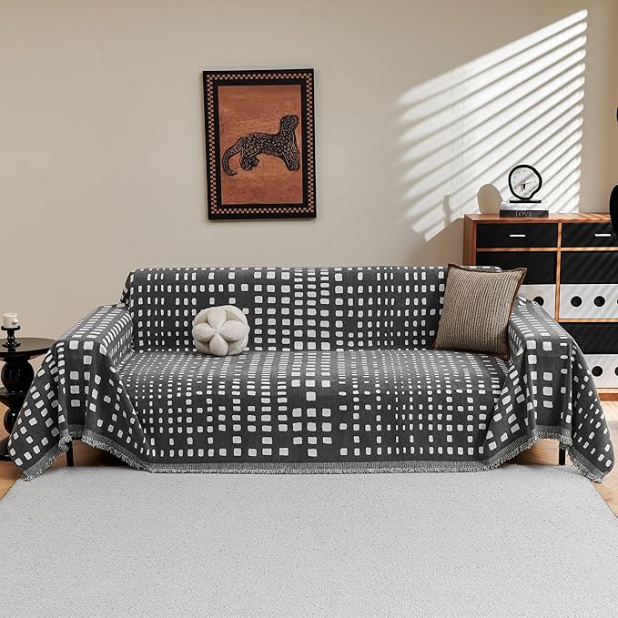 MEETSKY Boho Couch Cover Sofa Covers, Chenille Geometric Dark Grey Couch Covers for 2 Cushion Couch Sofa for Dogs, Washable Slipcover for Cat Sofa Protector with Tassels,71" x 118"