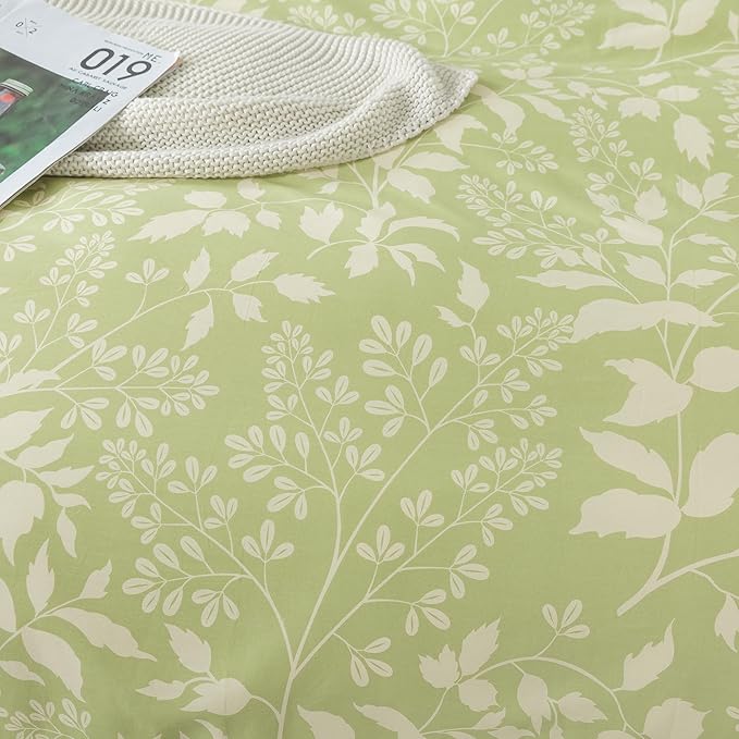 HoneiLife Wildflower Duvet Cover Queen - 100% Cotton Comforter Cover Sets, 3-PC Comfortable Floral Duvet Cover Sets, Soft & Breathable Duvet Cover with Zipper Closure & Corner Ties, Vibrant Green