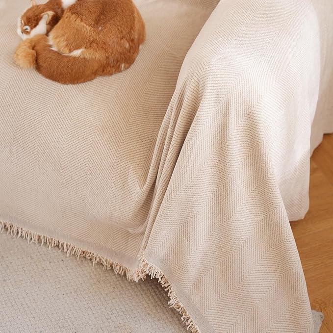 Couch Cover - Soft Chenille Boho Herringbone Textured Sofa Throw Cover for Pets, Kids (Light Khaki, XX-Large, 71" x 150")
