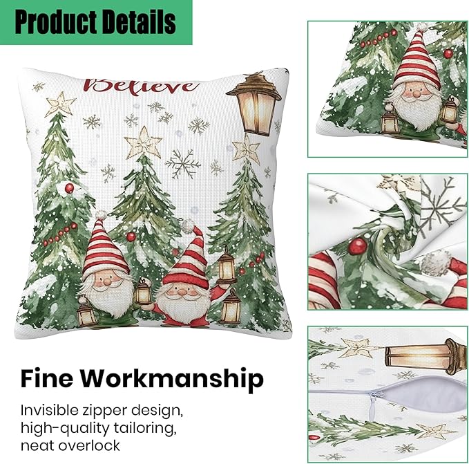 Christmas Pillow Covers 18X18, Christmas Tree and Gnomes Decorative Throw Pillow Covers, Winter Christmas Believe Snowflakes Pillow Cover Pillowcase Cushion Case for Home Sofa Couch Indoor Set of 2