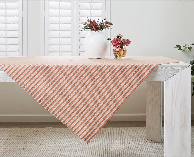Solino Home Square Tablecloth 52 x 52 Inch - Amalfi Stripe, 100% Pure Linen Pumpkin and Natural Table Throw - Machine Washable Tablecloth for Fall, Autumn, Thanksgiving