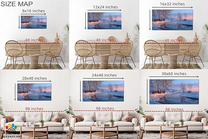 GUTTATY Christmas Winter Birch Canvas Wall Art, Snowy River Landscape Canvas Painting, Tranquil Winter Nature Scene Pictures Prints for Living Room, Bedroom, Holiday Hanging Artwork, 32x16 Inch