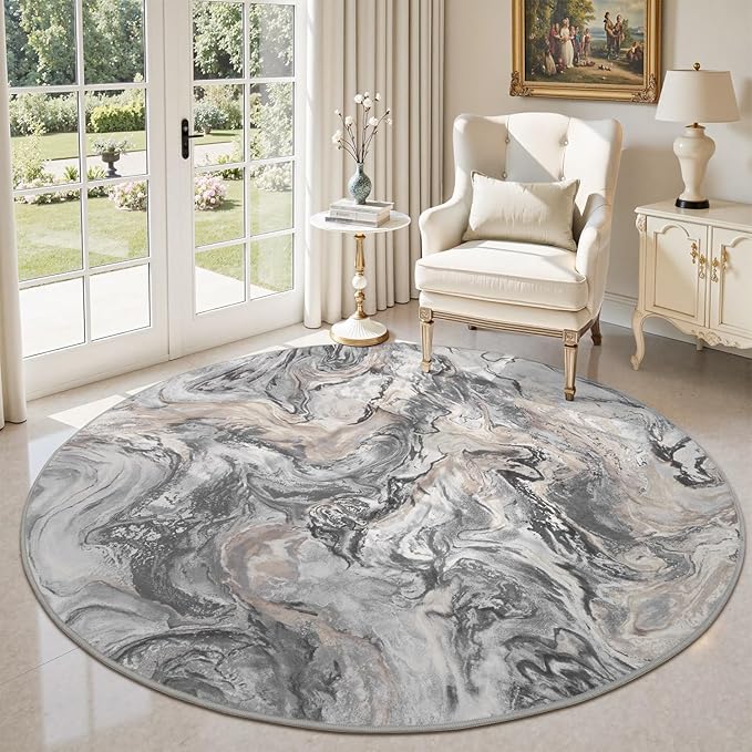 6x6 Round Area Rugs for Living Room, Modern Abstract Rug for Bedroom, Contemporary Machine Washable Rug, Large Stain Resistant Carpet for Dining Room Playroom Home Office, Pet & Kids Friendly
