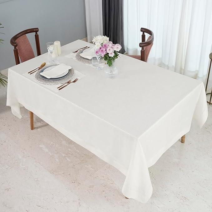 D'Moksha Homes Ivory Linen Tablecloth 60 x 156 Inch - 100% Pure Linen Ivory Tablecloth for Rectangle Tables - Classic Hemstitch, Machine Washable Table Cloth for Fall, Thanksgiving, Christmas, Holiday