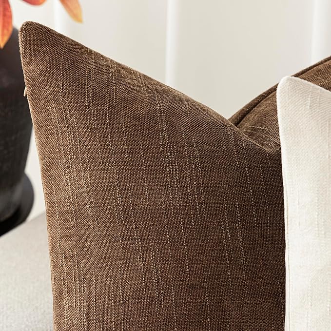 Foindtower Set of 2 Soft Textured Chenille Throw Decorative Pillow Covers Square Accent Solid Cushion Cover Cozy Neutral Farmhouse Pillow Case for Couch Sofa Bedroom Living Room 18x18 Inch,Dark Bronze
