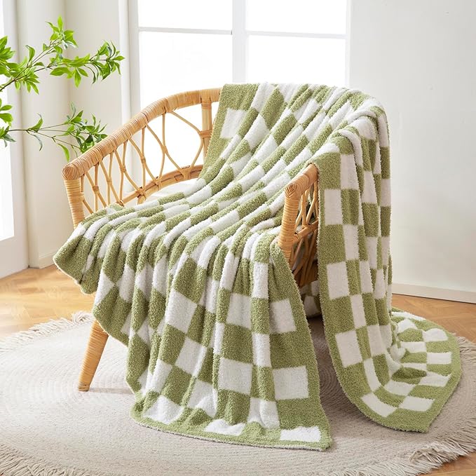 YIRUIO Throw Blanket Checkered Chessboard Fluffy Fuzzy Warmer Comfort Reversible Super Soft Cozy for Home Decor Bed Couch Sofa Living Room (Sage Green, 80''x90'')