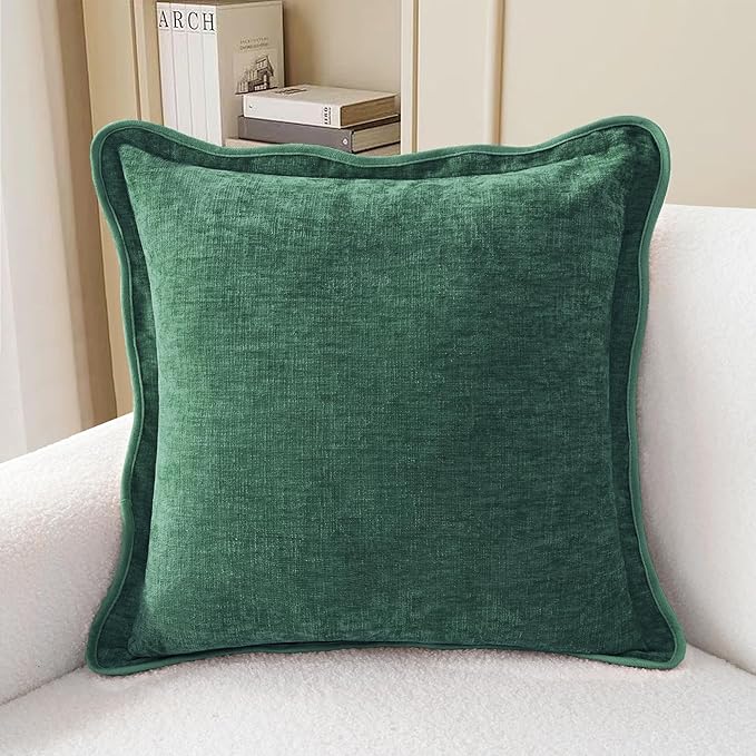 CaliTime Throw Pillow Covers Decorative 18 X 18 Inches Pack of 2 Cozy Chenille Scalloped Wavy Edge Cushion Cases for Couch Sofa Bed Living Room Farmhouse Dark Green