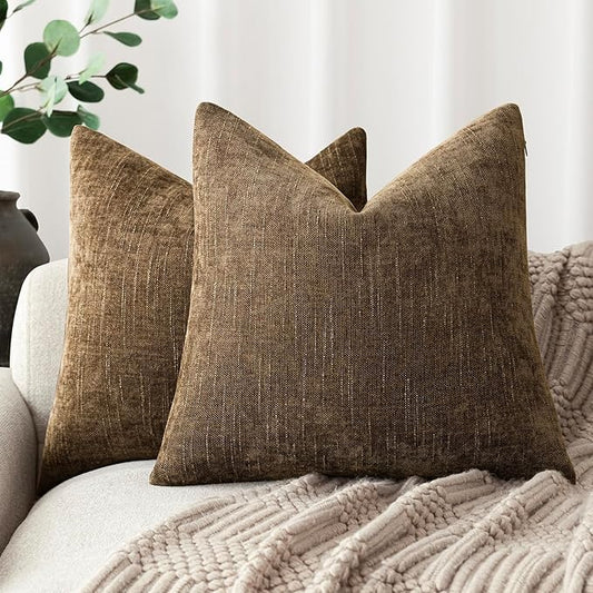 Foindtower Pack of 2 Soft Textured Chenille Throw Decorative Pillow Covers Square Accent Solid Cushion Cover Neutral Farmhouse Pillow Case for Couch Sofa Bedroom Living Room 24x24 Inch,Taupe Brown