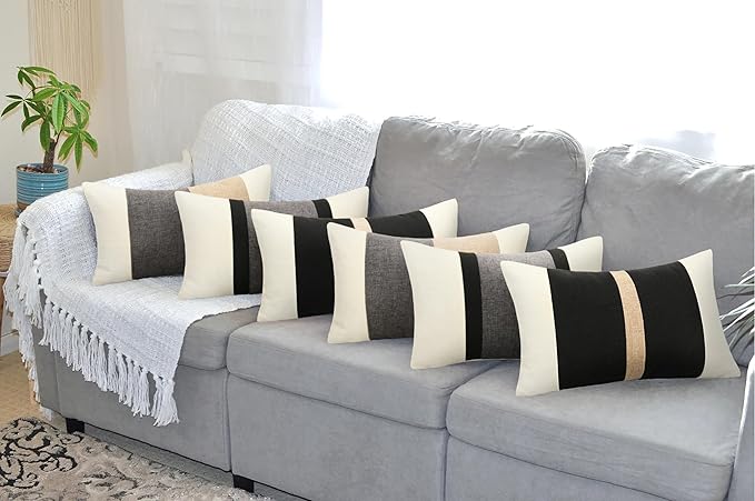 Pyonic Pack of 2 Boho Throw Pillow Covers Farmhouse Decorative Lumbar Pillowcases for Couch Sofa Living Room Outdoor Decor,Cream White and Grey,12 x 20 Inch