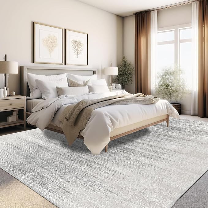 Enkor Area Rugs 9x12 Washable Non Slip Abstract Soft Rugs for Living Room Bedroom, Modern Mat for Kitchen Entryway White & Grey
