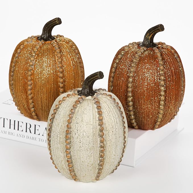 Hollyone Pumpkins Fall Decoration, 3 Pack Resin Pumpkins for Decorating Fake Pumpkin Autumn Rustic Decor for Home Thanksgiving Harvest Halloween Wedding Table Centerpiece Shelf Indoor Outdoor Decor