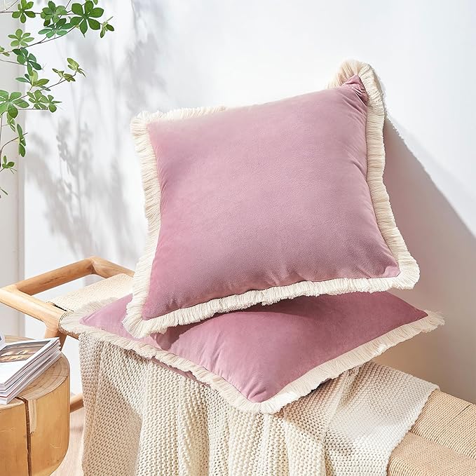 MONDAY MOOSE Decorative Throw Pillow Covers Cushion Cases, Set of 2 Soft Velvet Modern Fringe Tassel Designs, Mix and Match for Home Decor, Pillow Inserts Not Included (Dusty Pink, 18x18 inch)