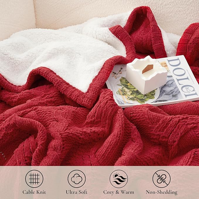 Amélie Home Cable Knit Throw Blanket for Couch, Chenille Sherpa Soft Cozy Throw Blankets for Sofa Chair Comfortable Home, 50"x60", Red